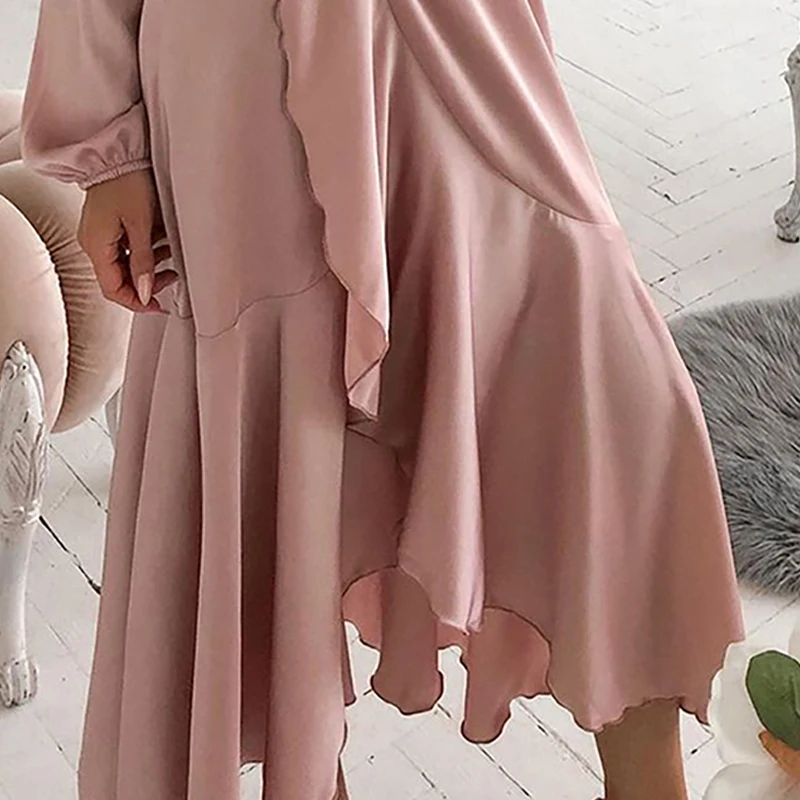

Summer Fashion Women Ruffles Lantern Sleeve Irregular Casual Dress Trending Plain V-Neck Long Sleeve Maxi Dress Robes