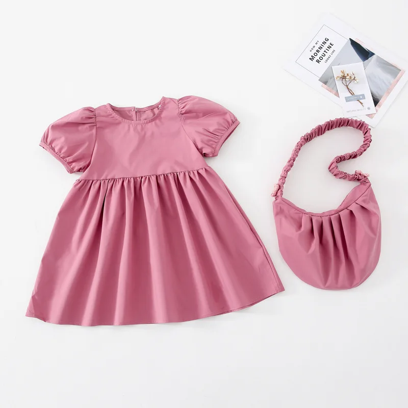 

MILANCEL 2021 Summer New Girls Clothes Solid A-line Dress Puff Sleeve Ruched Kids Outfit Simple Casual Outwears with Bag