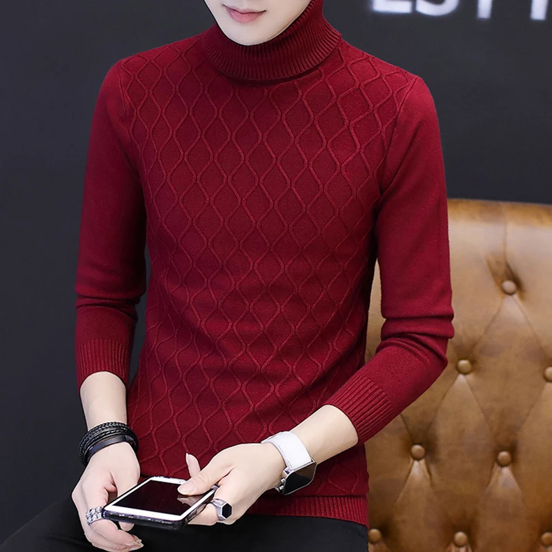 

2021 Men's Autumn and Winter Turtleneck Sweater Solid Color Bottoming Sweater Youth Slim Casual Sweater