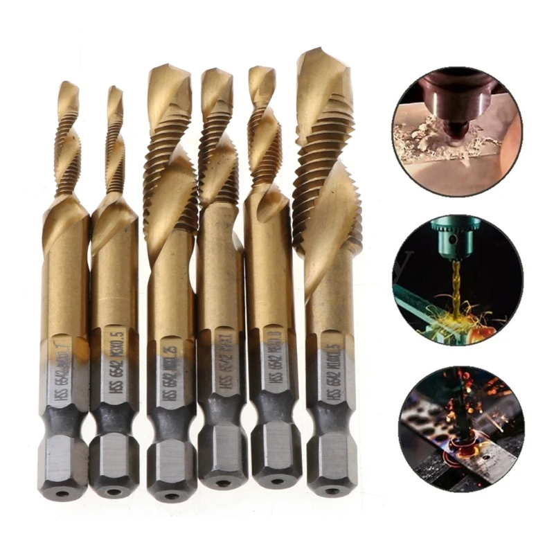 

New 6Pcs HSS 6542 Titanium Coated M3-M10 Combination Hex Drill Bits Tap Set Kit