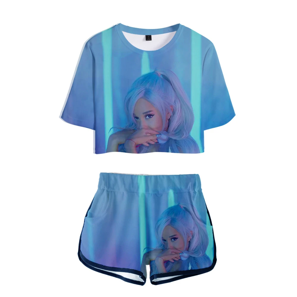 

3D Exposed Navel T Shirt+shorts Women's Two-piece Sets Ariana Grande Girl's Suits 19 New Fashion Popular Summer 3D Short Print