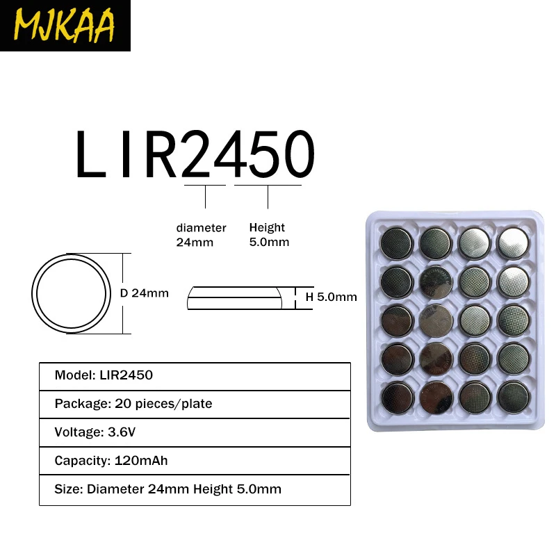 2019 MJKAA 20x LIR2450 перезаряжаемые кнопочные батареи Зарядка 1000 раз Литиевые Батарейки