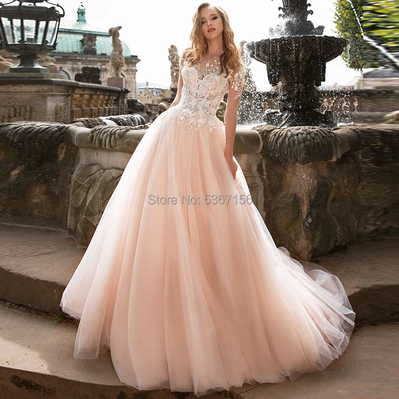 

Pink Wedding Dresses 2020 Long Sleeves A Line Lace Appliques Bridal Gowns Button Illusion Sweep Train Vestidos De Noiva