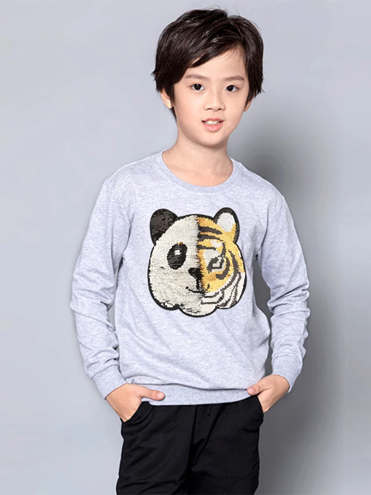 

Boys Hoodies Baby Sweatshirt with Sequin Panda Change Tiger Autumn Children Sweatshirt 100% Cotton Long Sleeve Pullover Coat