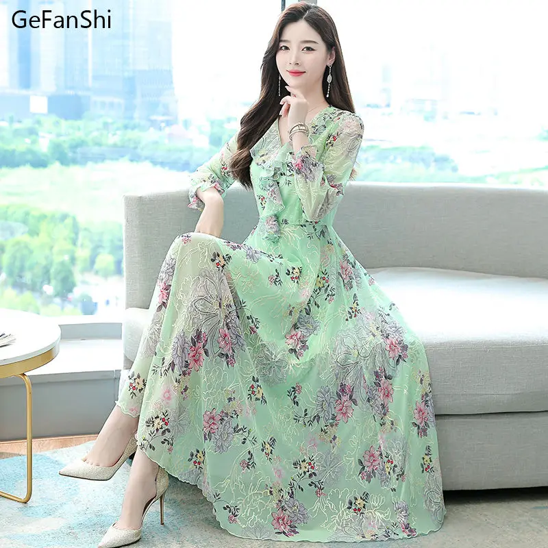 

2022 New Spring Autumn Women Dresses Long Sleeve Embroidery Chiffon Casual Dress Fashion Elegant Slim Office Lady Dresses Robe