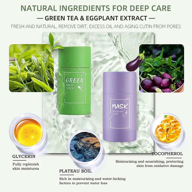 

Green Tea Mud Mask Deep Cleansing Skin Care Stick Oil Control Mask Moisturizing Eggplant Solid Masks Purifying Clay