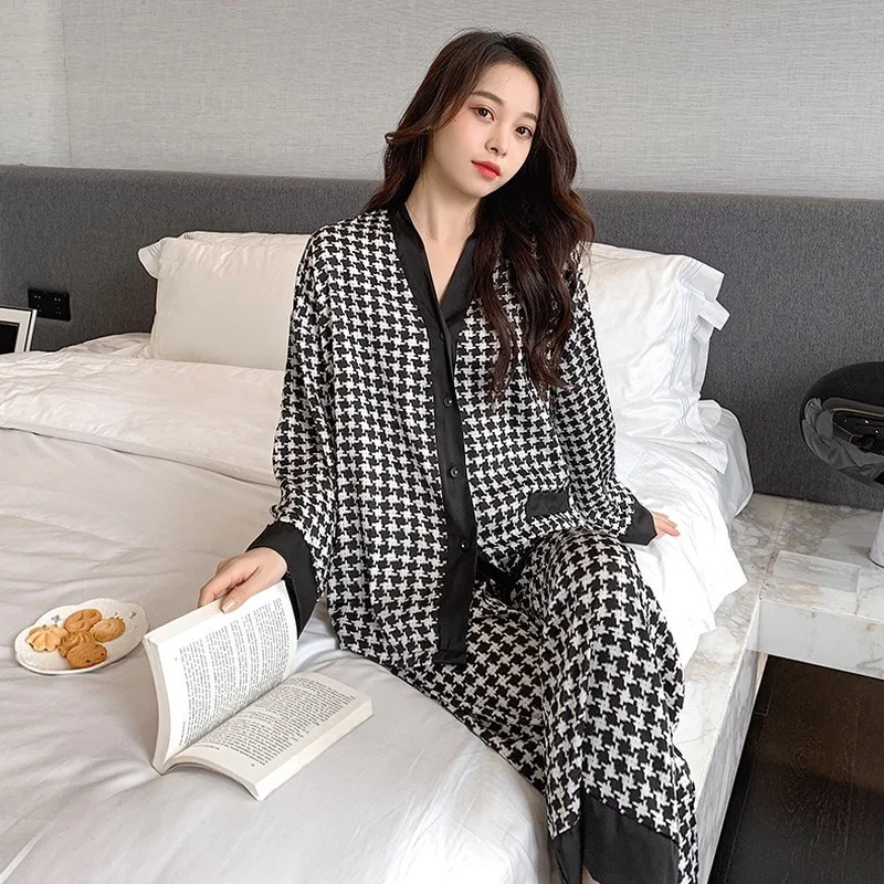 QWEEK шелковая пижама гусиная лапка для женщин осенняя Элегантная Женский комплект