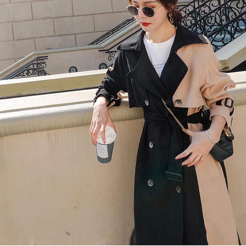 

Mid-length Korean Loose Trench coat women 2020 New Autumn British Stitching Windbreaker Double breasted Cardigan Female Outwear