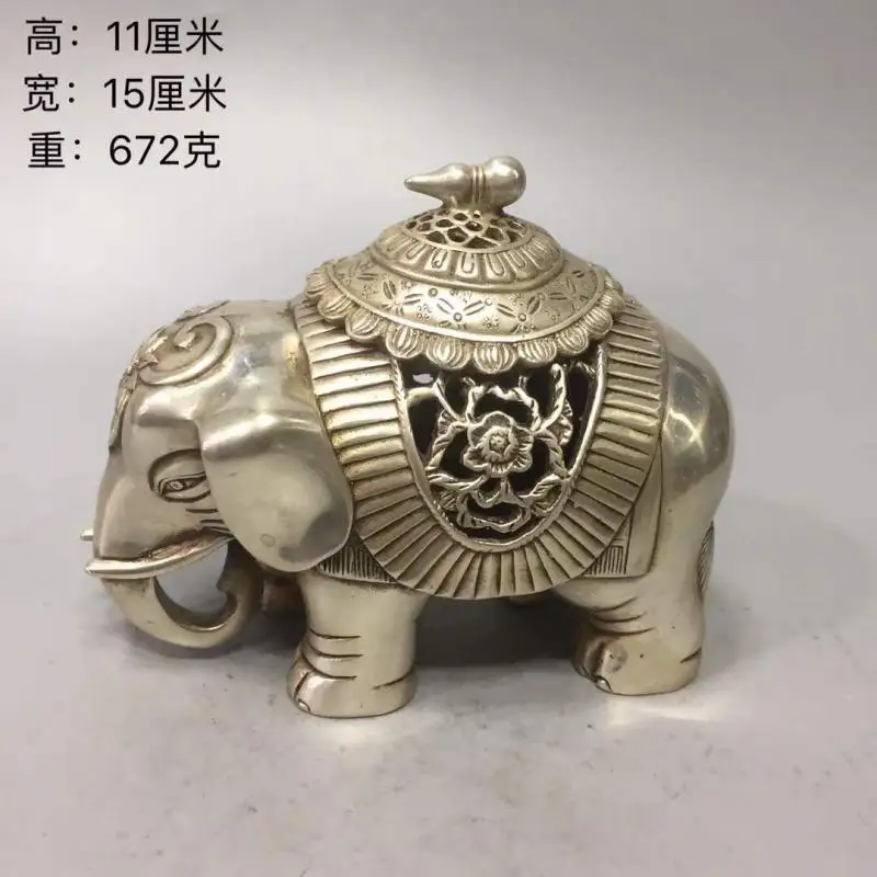 

Cupronickel Old Chinese Dynasty Palace white copper Elephant Statue Incense Burner Censer Incensory Incense Holder