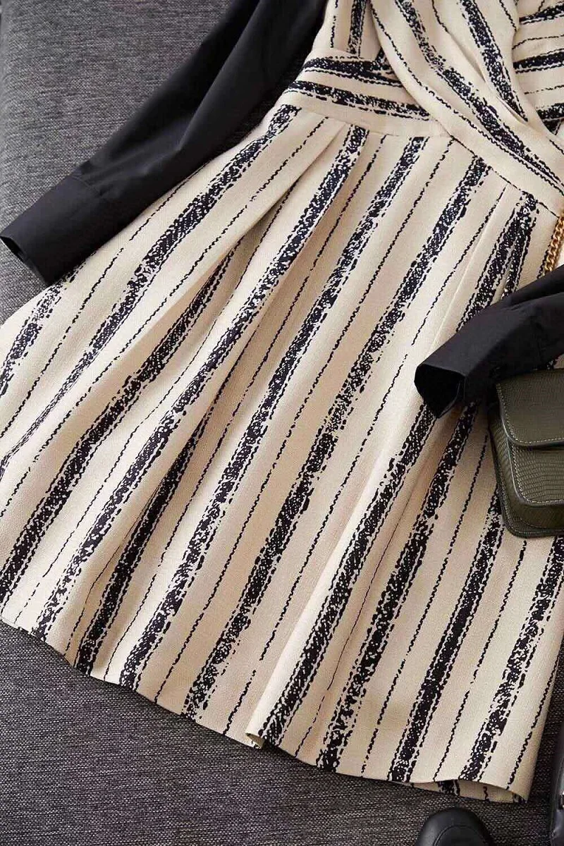 

Newest Fashion Spring Summer 2020 High Quality Women Striped Print Patchwork Long Sleeve Slim Fit ALine Casual Linen Dress