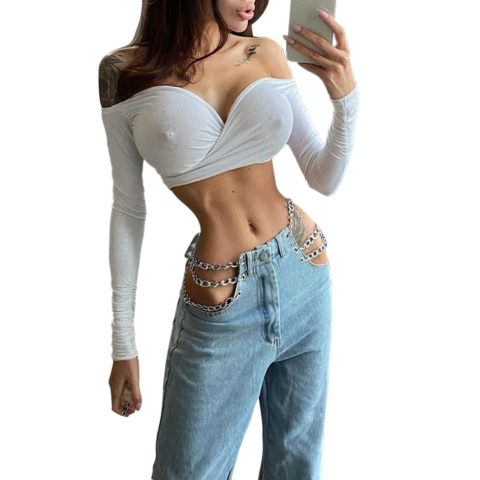 

Новые женские джинсы hirigin 2021, пикантные прямые брюки с высокой талией и цепочкой для вечерние Ринок, шоппинга, праздников, отпуска, путешеств...