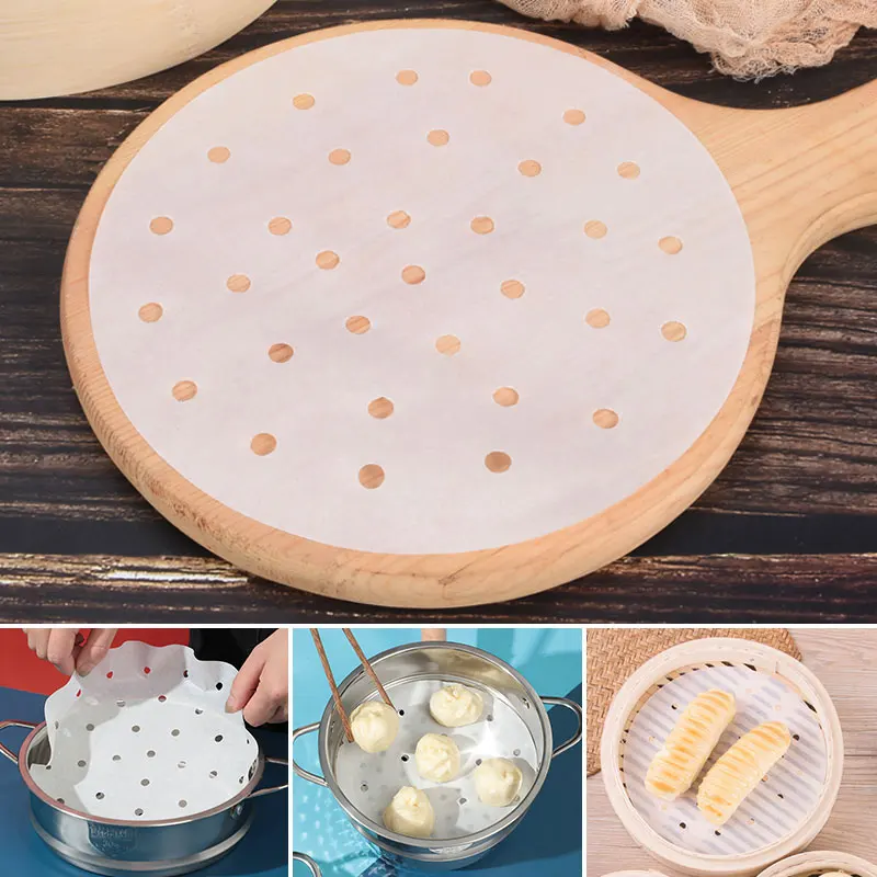 

50Pcs/Bag Air Fryer Steamer Liners Premium Perforated Wood Pulp Papers Non-Stick Steaming Basket Mat Baking Utensils For Kitchen