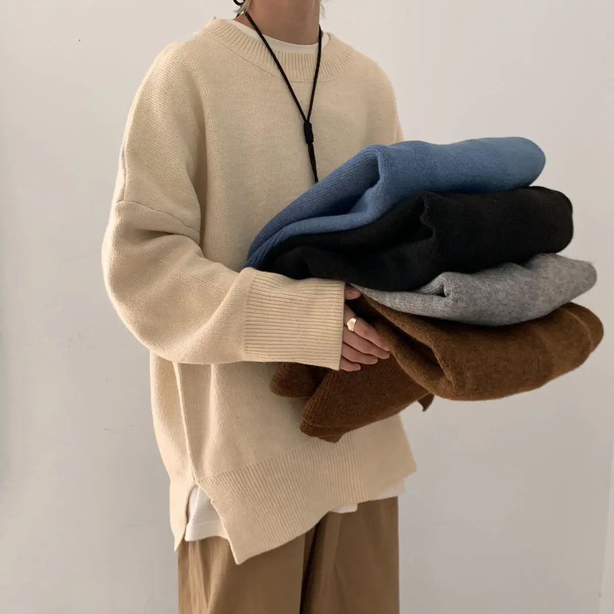 

Winter Men's Solid Color Coats Round Neck Pullovers Casual Thickened Wool Sweater Clothes Loose Pullover Cashmere Knitting M-2XL