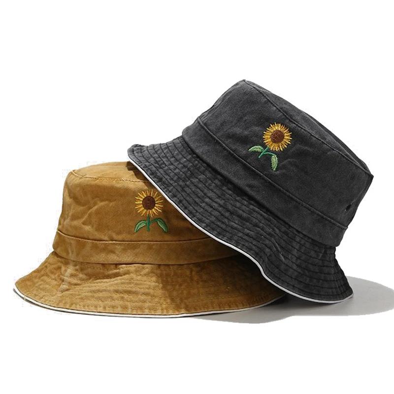 

Embroidery Sunflower Washed Fishing Hunting Cap Outdoor Beach Fisherman Cap Panama Women's Bucket Hat K Pop Bob Chapeau