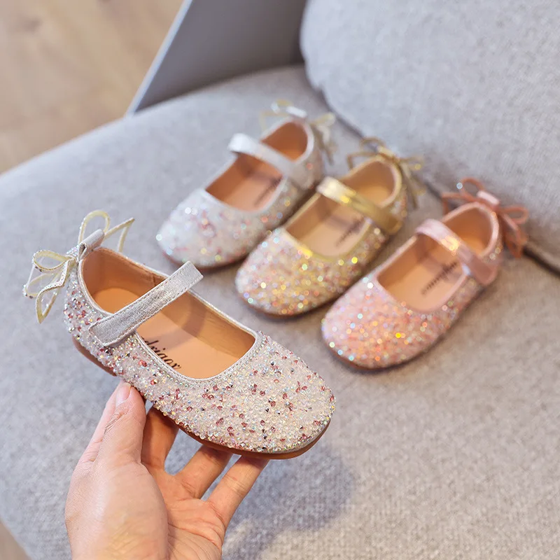 

2022 Children Princess Shoes Girls Flats Toddler Shoes Spring Leather Shoes Chic Sweet for Party Wedding Rhinestone Toes-covered