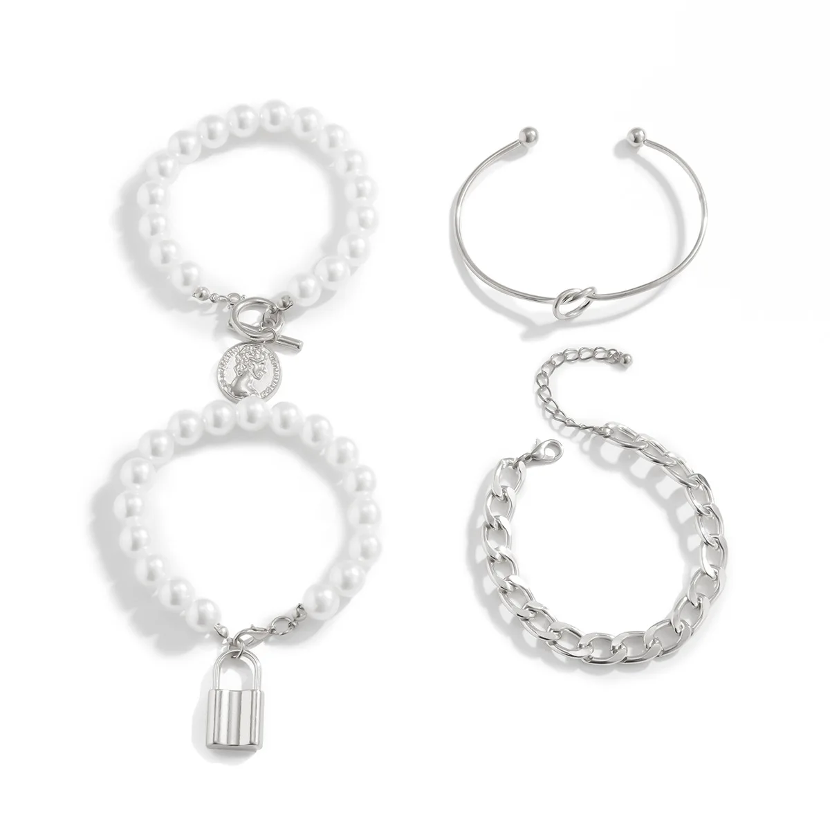 

Punk Imitation Pearl Bracelets For Women Fashion Carved Coin Human Head Lock Knot Charm Bracelet Sets Bohemian Vintage Jewelry