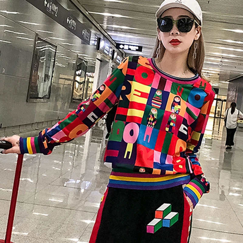 

Colorful Cartoon Print Sweatshirts For Women Spring Summer Harajuku Style Long Sleeve Casual Pullover O Neck Sweatshirt Tops