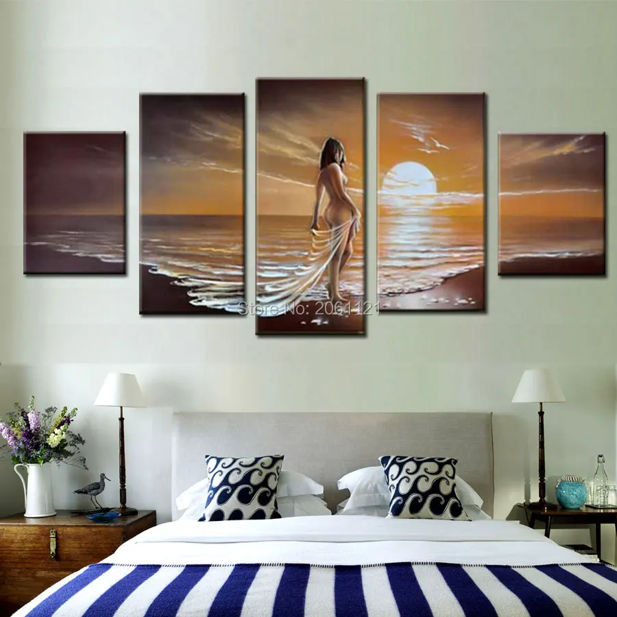 

handmade Oil Painting On Canvas Sunset Beach Landscape Sea Girl Sexy Naked Nude Canvas Art Picture For Living Room Wall