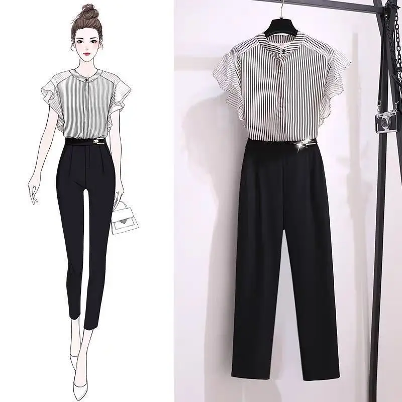 

Women 2021 Summer 2 Two Piece Pants Set Female Clothes Sets Office Lady Outfits Striped Blouse Top + High Waist Pants Suit B117