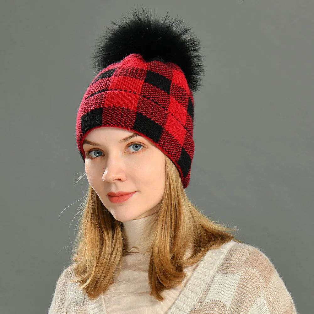 Jaxmonoy Womens Warm Winter Knit Beanie Check Pattern Wool Hats New Casual Fur Ball Pom Pom Ski Outdoor Skullies Beanies Hat