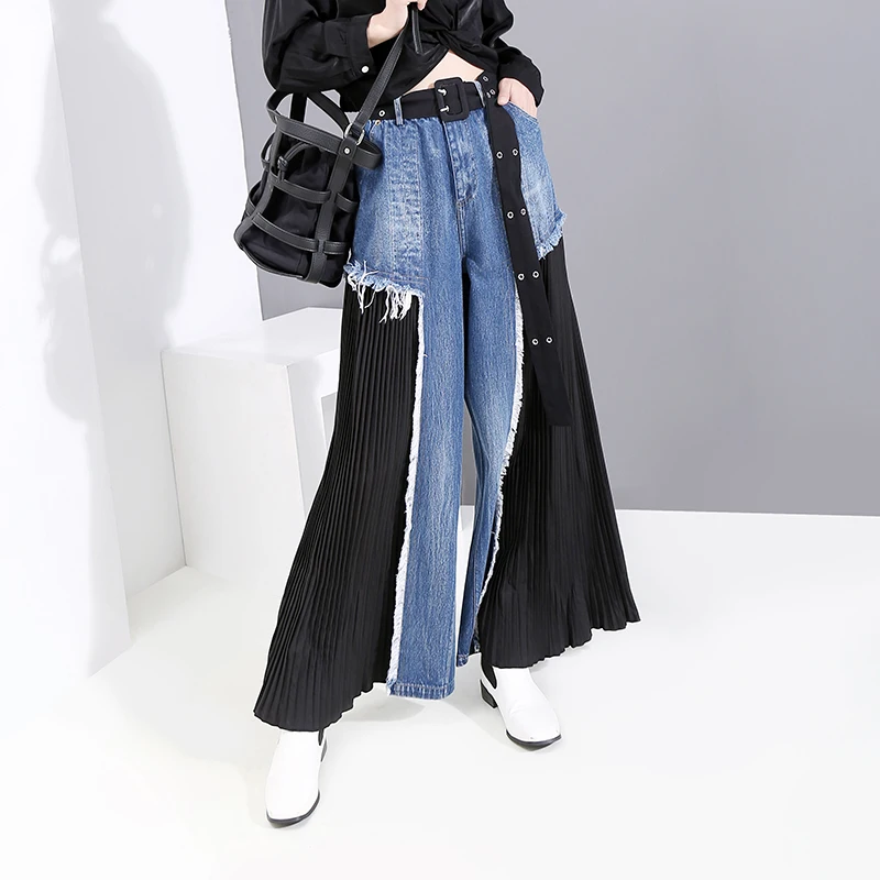

women wide leg jeans with blue pleats high waist new loose fit pants for women fashion Spring autumn 2020
