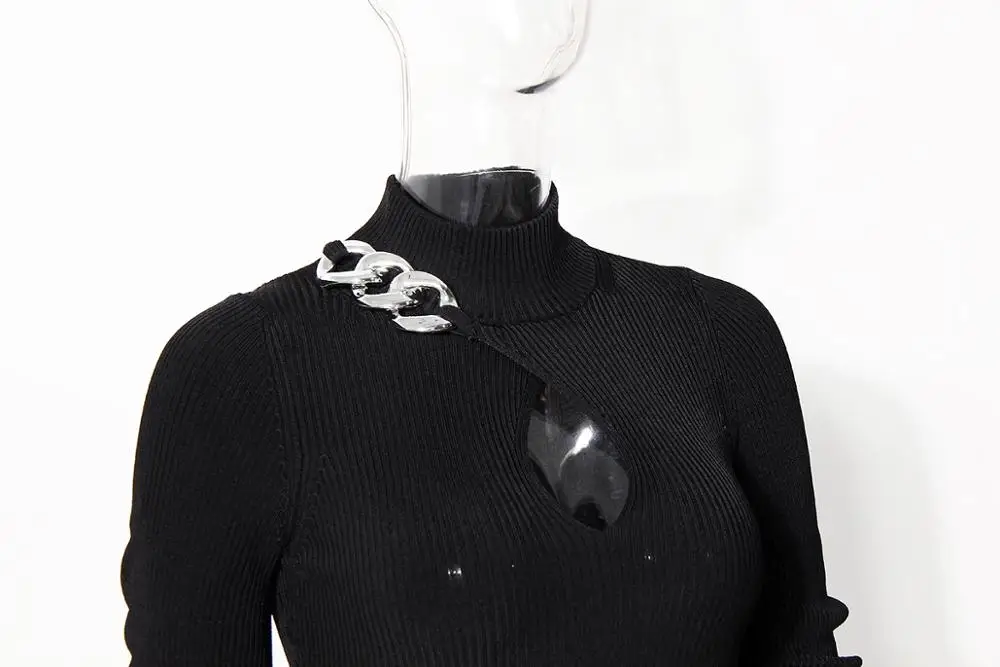 

MSXU Women Elegant Keyhole Chain Slim Pencil Sheath Casual Party Club Dress Vestidos