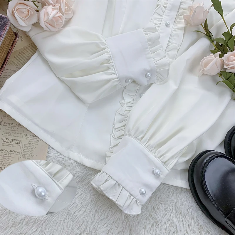 

Plus Women Japanese Lolita Tops Ruffles Doll Collar Button Soft Sister Sweet Loli Shirt Harjuku White Black Top Dirls Gift 12.6M
