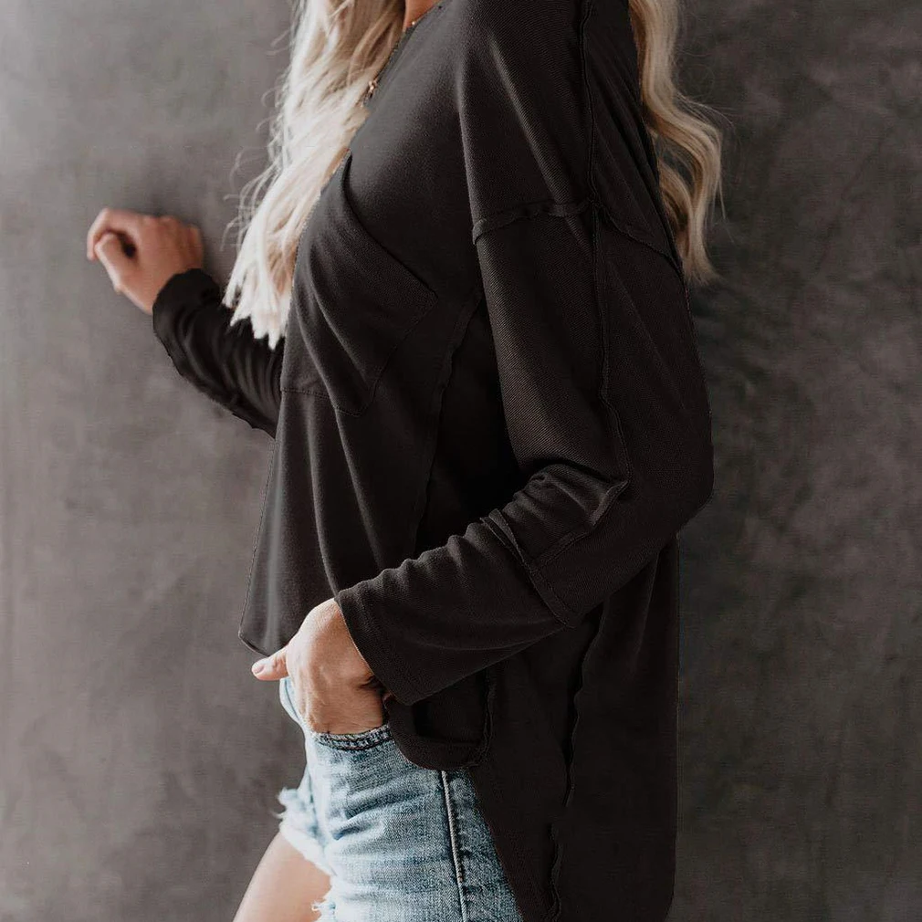 

Female Fahion Raw Edge Tees Shirt Ladies Tops Casual Solid Color Tshirt Slim Pocket Decor Long Sleeve T-Shirt For Ladies