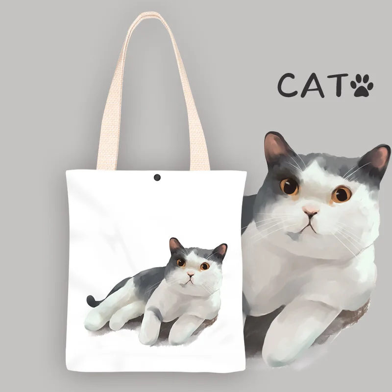 

Cartoon Kitten Canvas Shopping Bags for Women Velvet Cloth Shoulder Bags Eco Handbag Reusable Grocery Shopper Students Book Pack