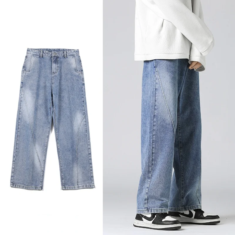 

Men Clothing Baggy Jeans Irregular Water Wash Tie Dye Straight Male Denim Pants Water Splicing Stripe Personality Streetwear