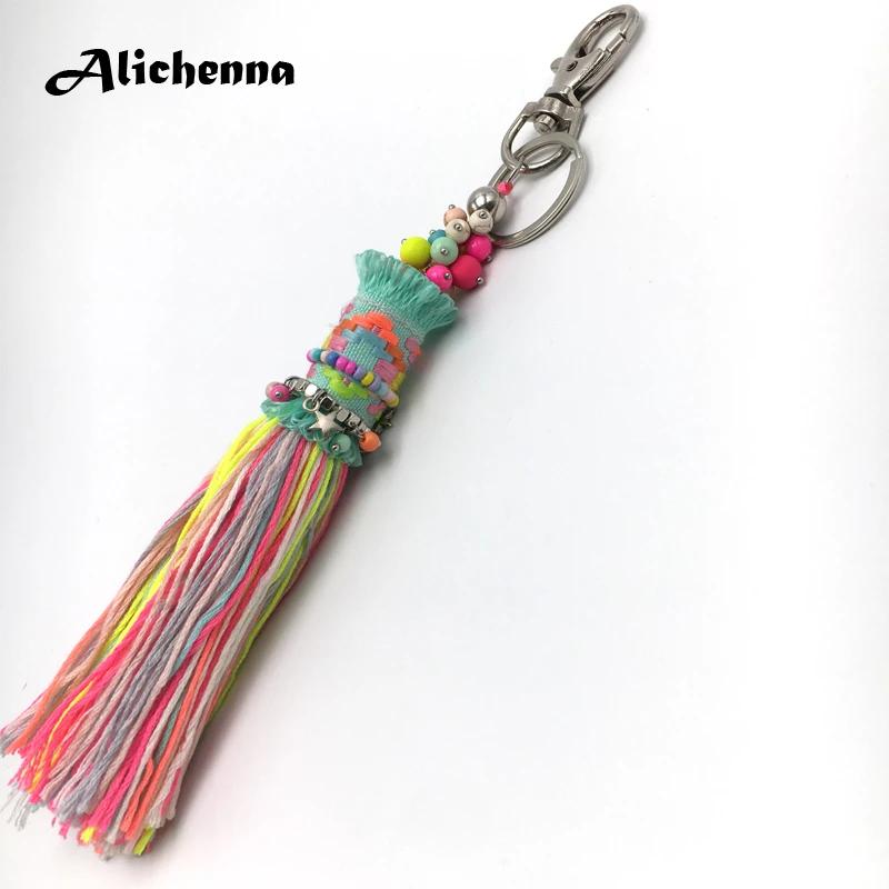 Брелок ручной работы Alichenna в богемном стиле с разноцветными кисточками, модная Изысканная сумка, украшения, подарок для девочки - Цвет: Gade green