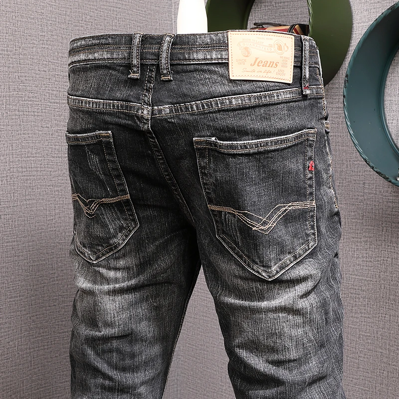 European Vintage Fashion Men Jeans Retro Black Gray Elastic Slim Fit Ripped Jeans Men Distressed Designer Casual Denim Pants