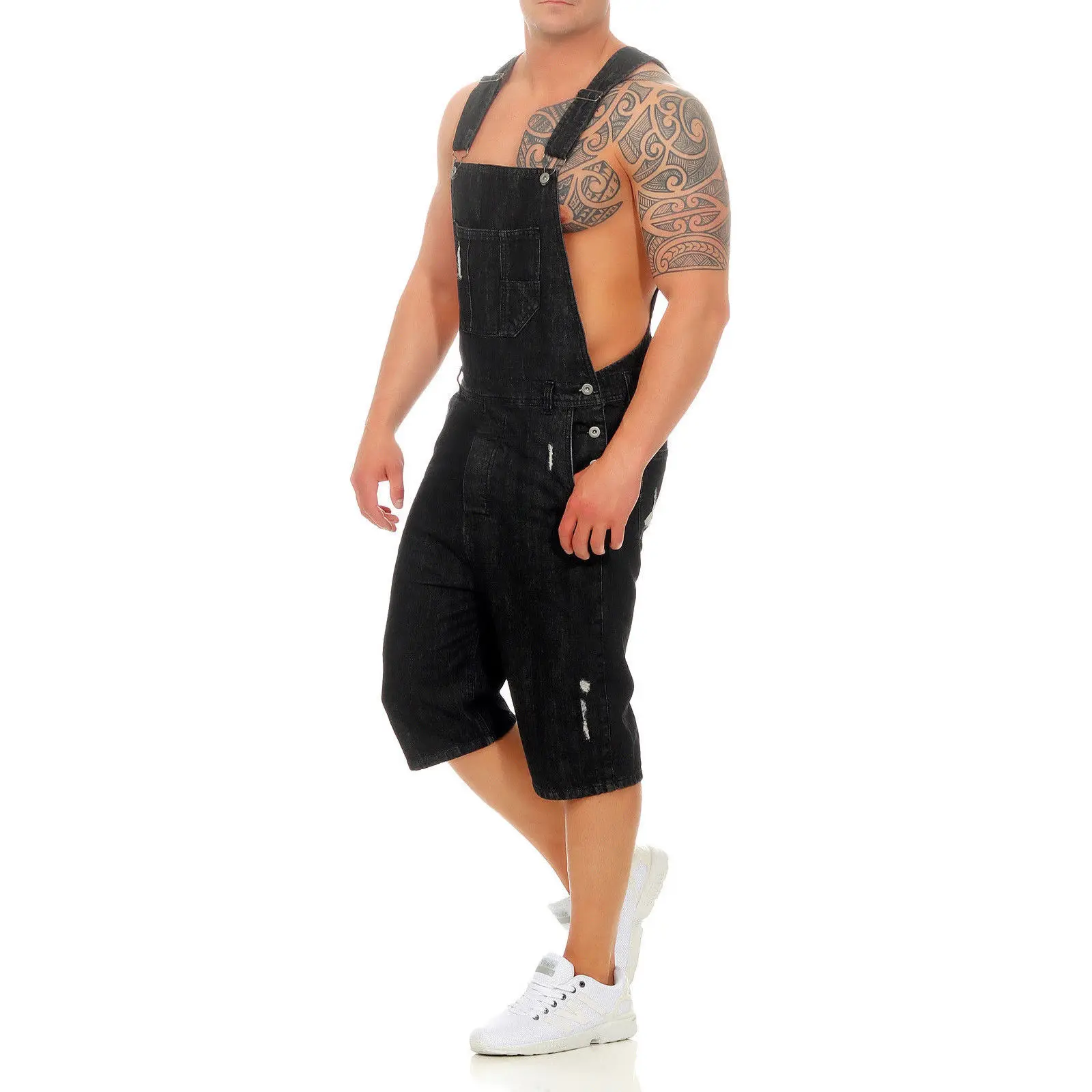 

2018 wish amazon eBay new retro men's denim hole in shorts conjoined tooling overalls