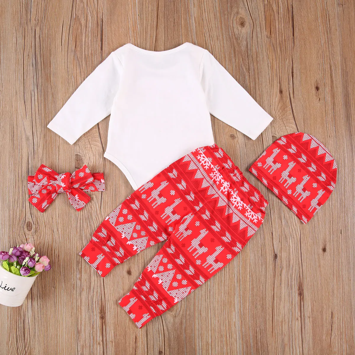 

Christmas Baby's Suit Long Sleeve Round Neck Romper Long Pants with Hat and Bow Tie for Winter and Autumn 0-24M