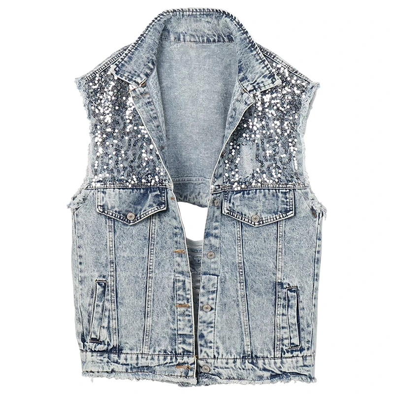 

Fashion Bf Style Sleevless Vest Women Sequins Back Hole Denim Vests Locomotive Girl Spring Summer Casual Jean Jacket Oversize