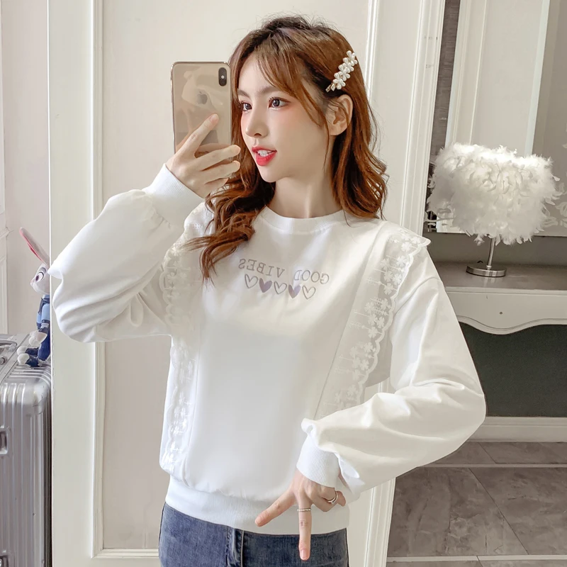 

Autumn Lace Sweatshirt Fashion Korean Style Loose Casual White Aesthetic Crewneck Sweatshirt Ropa Hombre Women's Clothing DB60WY
