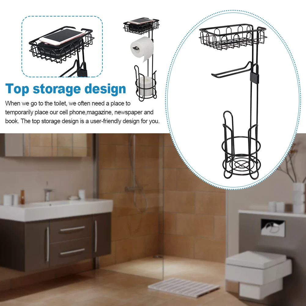

Top Shelf Bathroom Storage Mobile Phone Removable Practical Iron Free Standing Roll Tissue Reserve Kitchen Toilet Paper Holder