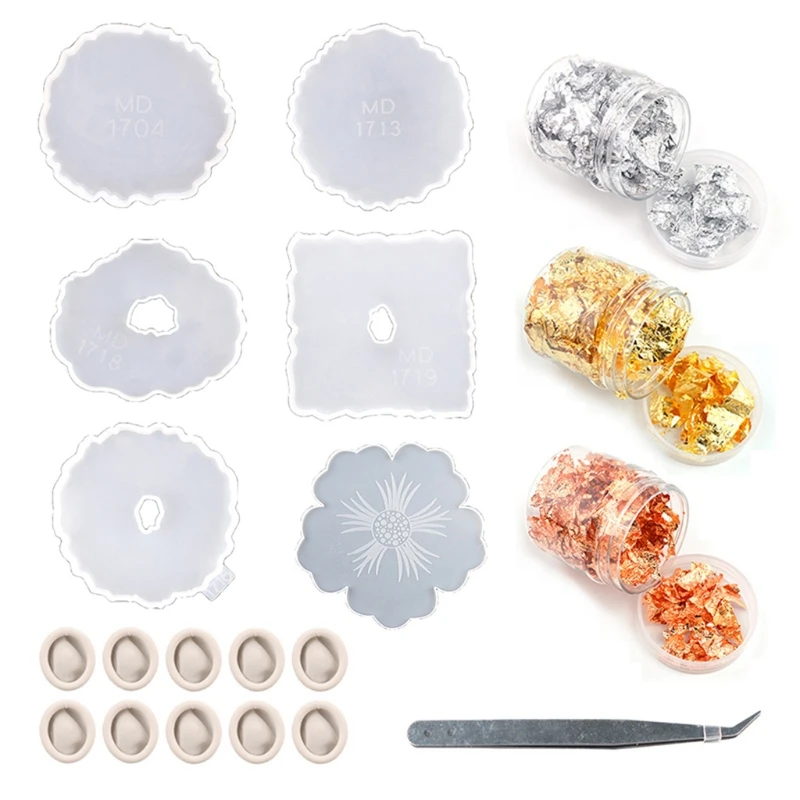 

Resin Coaster Molds with Gold Foil Flakes Irregular Shapes Geode Resin Coaster Mold for DIY Making Resin Casting Coaster
