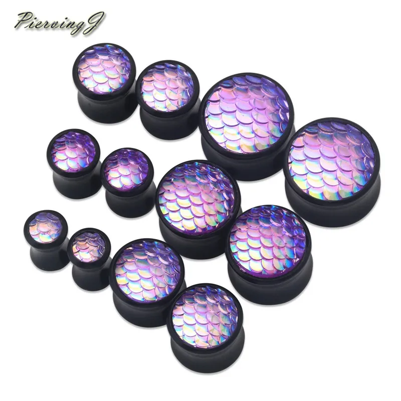 Purple mixed size Пирсинг J двойные вспышки Твердые Акриловые тоннели Для Ушей Пробки измерительные приборы 6-16 мм чешуя Русалки цвета - Окраска металла: Purple mixed size