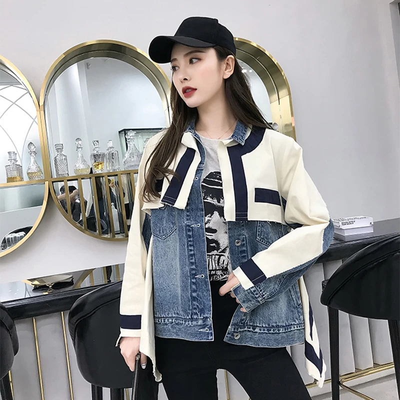 CHICEVER джинсовая женская куртка в стиле пэчворк хит цвета воротник с лацканами