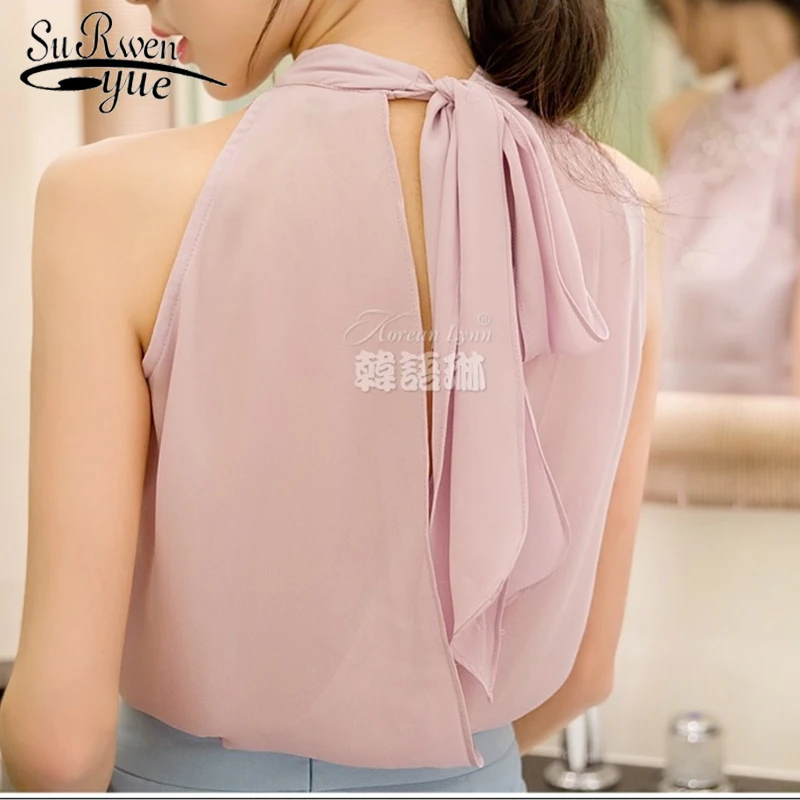 новый без рукавов женщин корейских бисером блузка моды водолазку шифон блузки - Фото №1