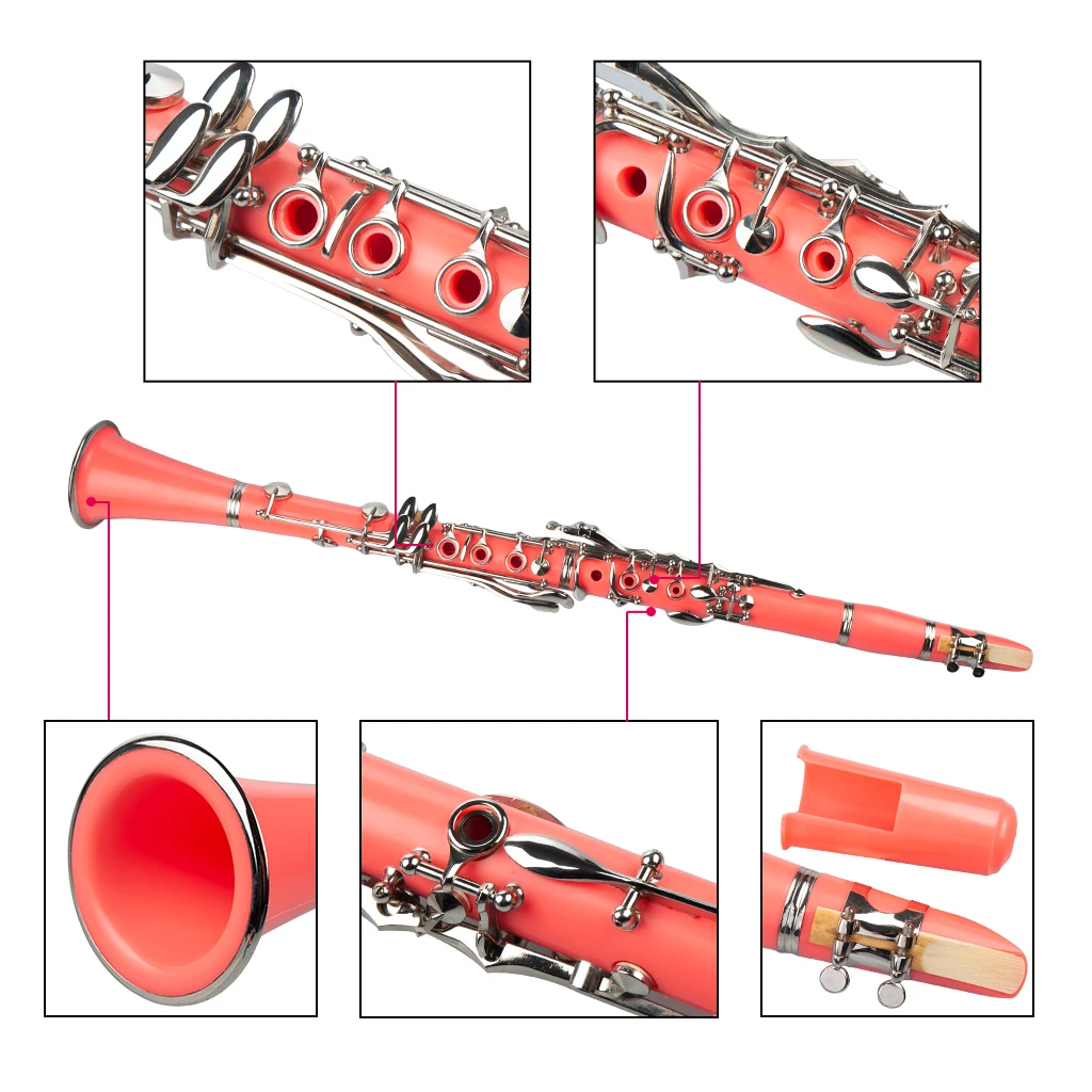 Pink ABS Clarinet Bb Cupronickel Plated Nickel 17 Key with Cleaning Cloth Gloves Screwdriver Woodwind Instrument enlarge