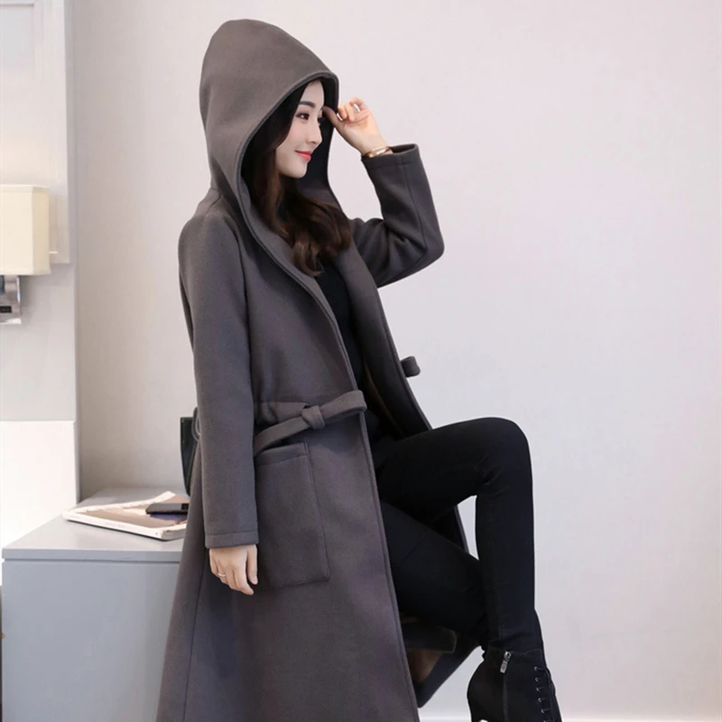 

2020 winter new product Korean style simple and fashionable mid-length style slimming hooded solid color women's woolen coat