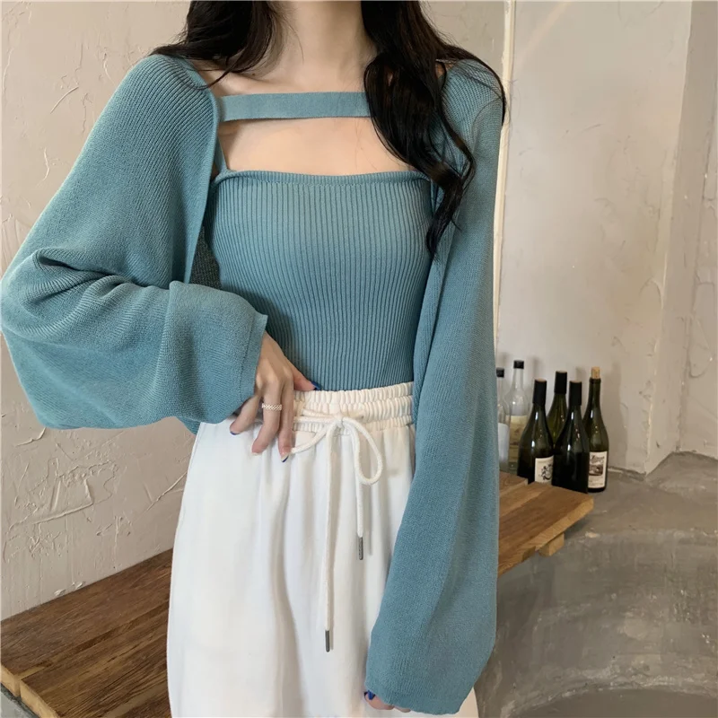 

Fashion Long Sleeve Knitted Cardigan for Women Early Autumn Top Lazy 2021 New Korean Style Slim Fit Slimming Two-Piece Suit
