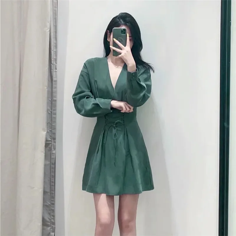 

NWOMN Za 2021 Green Drawstring Mini Dress Women Elegant Long Sleeve Short Dresses Ladies Casual V Neck Ruched Woman Dresses