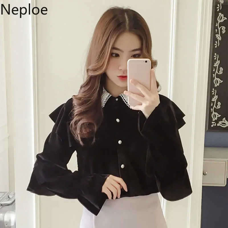 Neploe элегантная плиссированная золотистая Вельветовая Нижняя блузка с отложным