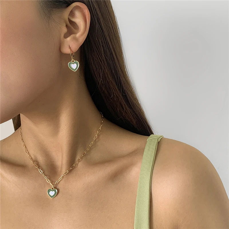 

Korean Elegant Rainbow Love Heart Pendant Necklaces Earrings Set Women Gold Color Choker Small Hoop Earrings Jewelry