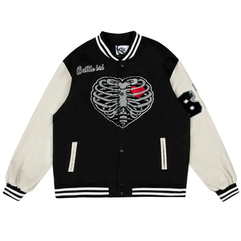 

2021 Hip Hop Baseball Jacket Men Skeleton Heart Embroidery Patchwork Harajuku Coat College Oversized Streetwear Varsity Jacket