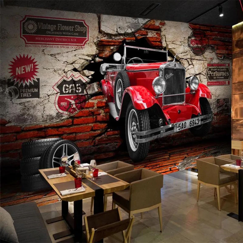 Картинка настенная 3D "Retro Red Car" для ресторана, кафе, бара, КТВ, гостиной - украшение фоновой обоев Papel De Parede 3D.