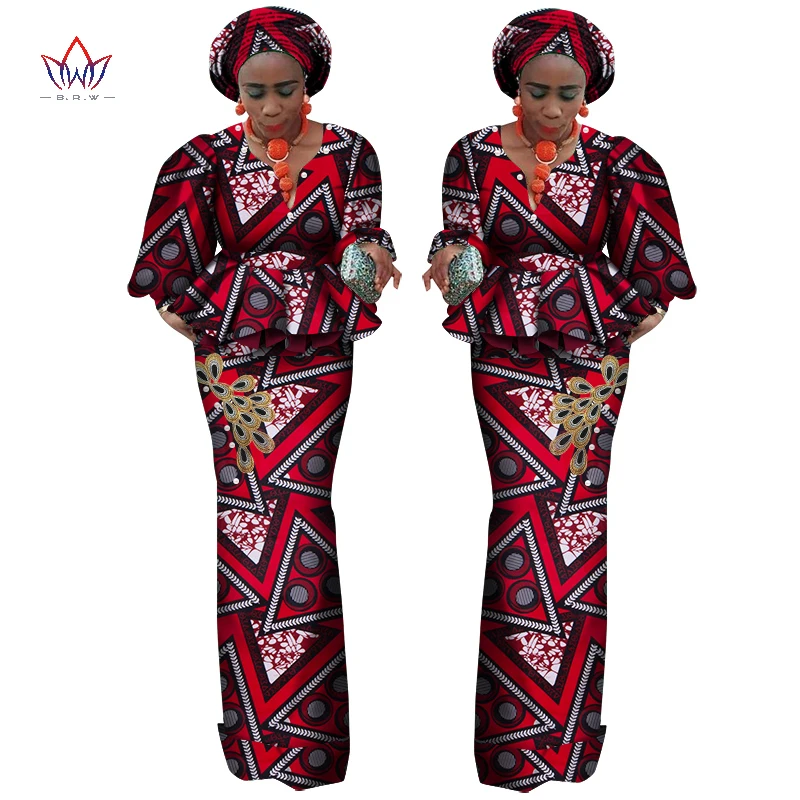 African Lantern Sleeves Print Tops and Skirt Sets for Women Bazin Riche African Clothing 2 Pieces Customize Skirts Sets WY6115